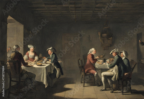 Dim lit room with people eating at a table  18th century
