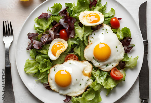 Fried eggs on a plate with salad © Mohsin