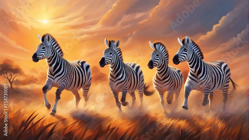 Group of zebras running in an open field at sunrise.