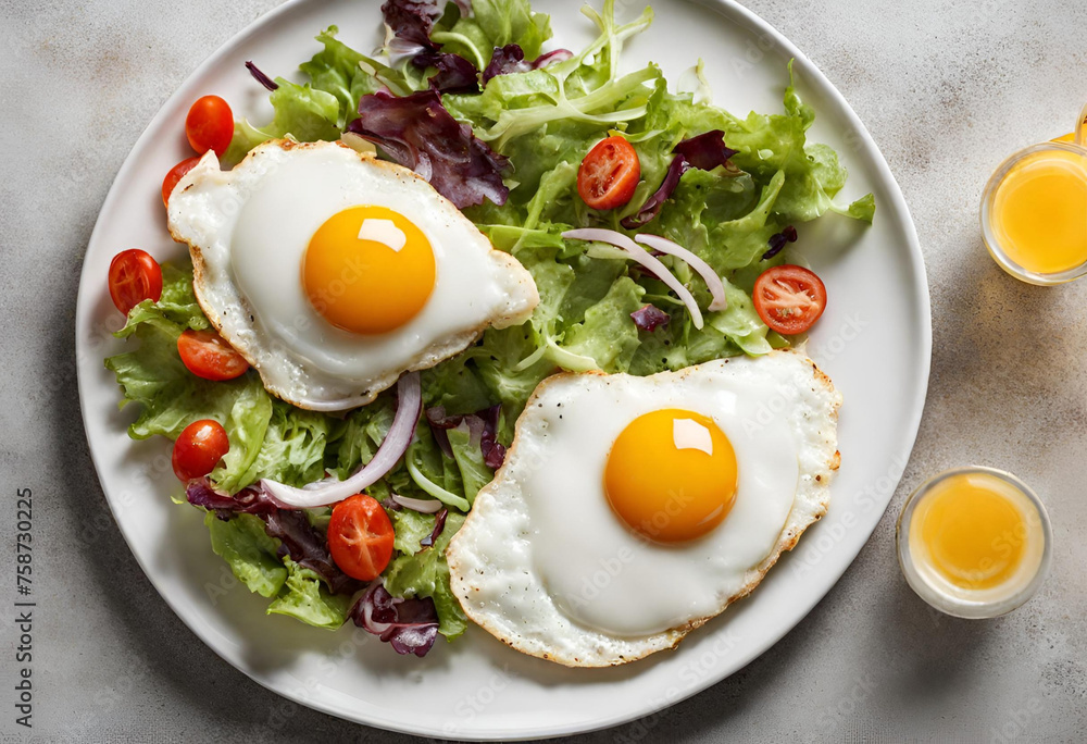 Fried eggs on a plate with salad Fried eggs on a plate with salad