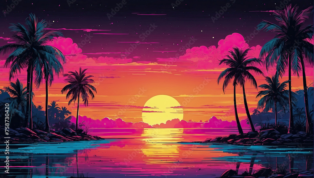 Cartoon flat panoramic sea landscape, sunset with the palms on colorful background. Art 1980s retro style illustration in vibrant neon noir fluorescent colors, holidays concept