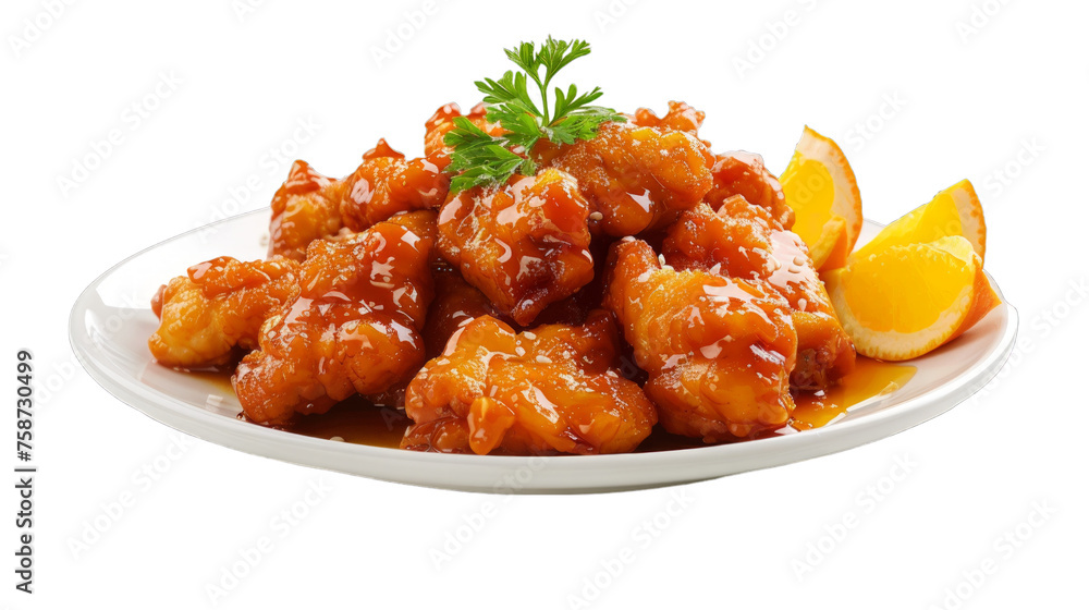 Orange Chicken on a plate isolated on transparent png background. Generative ai Orange Chicken on a plate isolated on transparent png background. Generative ai
