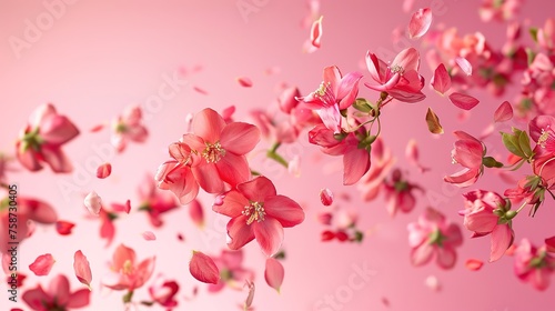 Fresh quince blossom  beautiful pink flowers falling in the air isolated on pink background. Zero gravity or levitation  spring flowers conception  high resolution image  generative ai.