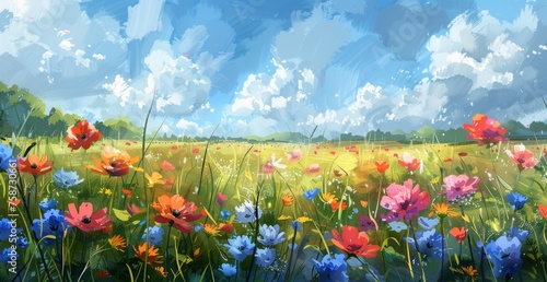 A vast expanse of red poppies sways gently beneath a bright blue sky © Suradet Rakha