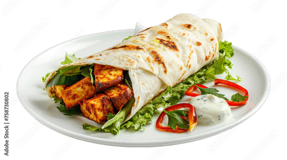 Paneer Tikka Wrap on a plate isolated on transparent png background. Generative ai Paneer Tikka Wrap on a plate isolated on transparent png background. Generative ai