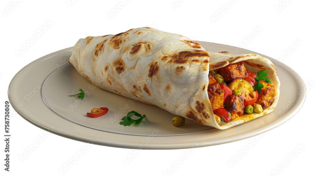 Paneer Tikka Wrap on a plate isolated on transparent png background. Generative ai Paneer Tikka Wrap on a plate isolated on transparent png background. Generative ai