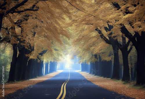 The road covered with autumn leaves stock photo photo