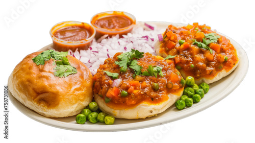 Pav Bhaji on a plate isolated on transparent png background. Generative ai 