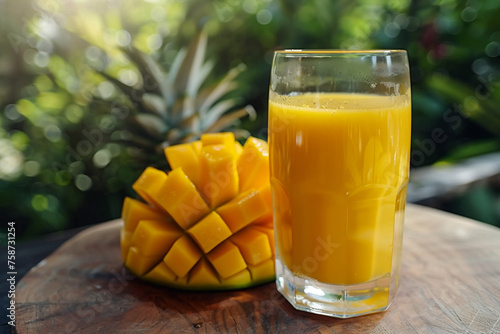 Glass of freshly squeezed mango juice accompanied by ripe, cut mango on wooden surface, against tropical backdrop. Dietary and healthy eating. Vegetarian diet. Health and vitamins