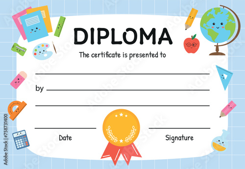 Diploma template for kids, certificate of appreciation for school, preschool, playschool, kindergarten, primary grades, summer camp. Kids Diploma background. Certificate of achievement in competition.