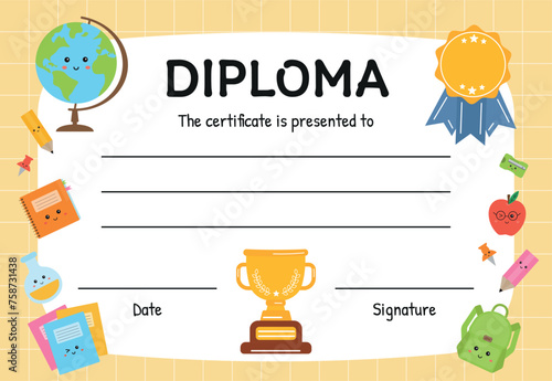 Diploma template for kids, certificate of appreciation. Certificate of achievement in competition. Modern colorful template for school, preschool, playschool, kindergarten, primary grades, summer camp