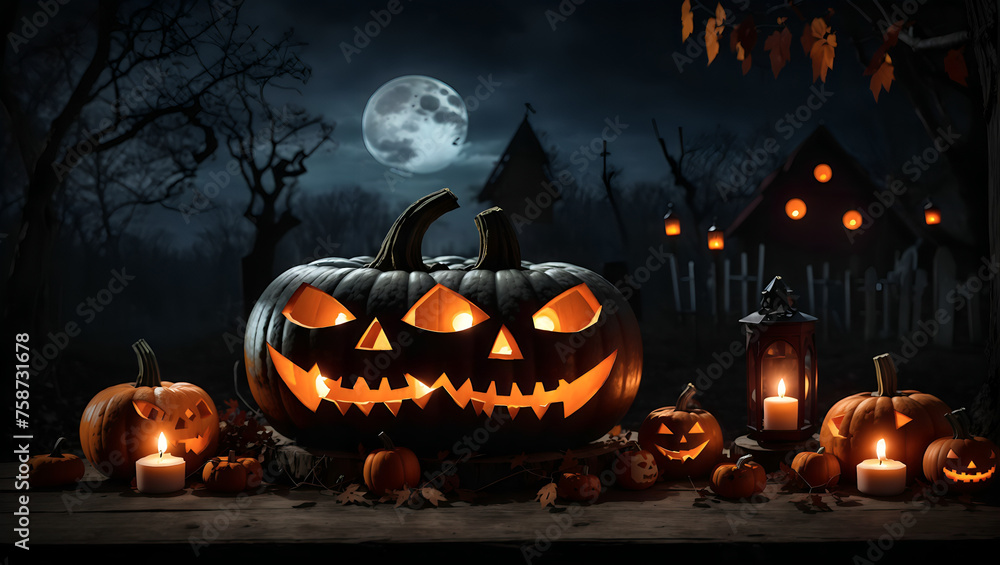 Fototapeta premium Halloween pumpkins smile and scary eyes for party night.