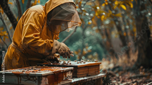 Experienced beekeeper collects honey from hives, art of beekeeping, Protection and conservation of bees. Copy space. Beekeeper's Day. International Bee Day. Honey Day. Apiary Day