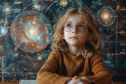 A young girl with glasses sits lost in thought, surrounded by cosmic diagrams. Children curiosity. The process of learning and understanding the world. Home schooling. © yevhen89