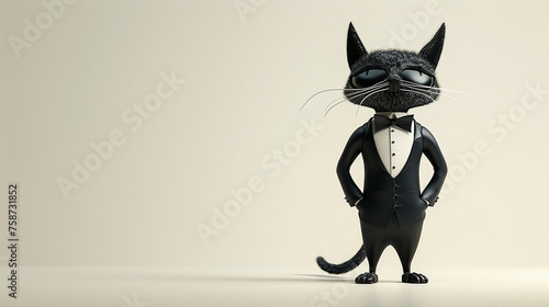 A whimsical, surrealistic cat in a dapper tuxedo, standing upright in a minimalist, blank space. Clean, 3D rendered fantasy with a touch of elegance and humor.