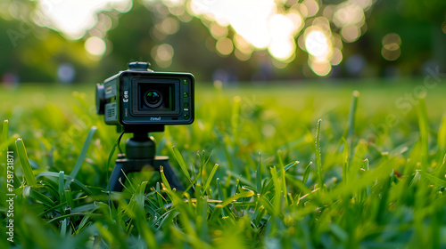 Action camera on a flexible tripod on a green forest background,a movie camera or documentaries equipped with monitors for cinematographers. and a boom mic for recording good quality sound
 photo