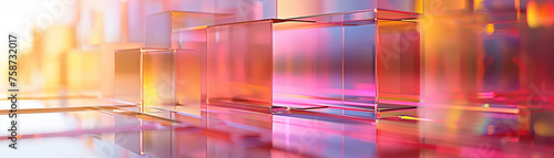 A mesmerizing array of translucent glass cubes bathed in the radiant glow of sunset colors, creating a labyrinthine display of light and reflection