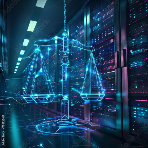 Digital Justice Concept Illustration with Scales in Cyber Data Center © artem