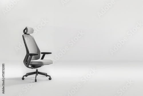 fauteuil de bureau à roulettes, accoudoirs et appuie-tête gris et noir, en tissu sur un fond clair avec espace négatif copyspace pour travail de bureau, gamers, en ligne, télétravail, mobilier 