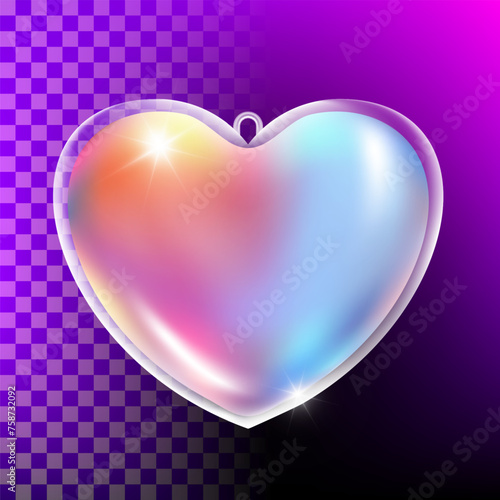 Transparent glass holographic heart. Realistic plastic gradient shape