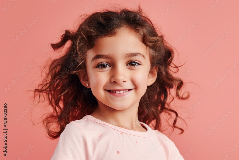 Portrait of a smiling little girl with long curly hair on a pink background Portrait of a smiling little girl with long curly hair on a pink background
