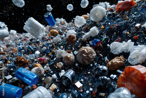 Clusters of floating plastics, cans, metal debris from space missions and space tourism littering and polluting the outer space as it orbit endlessly around earth. Environmental pollution in space. photo
