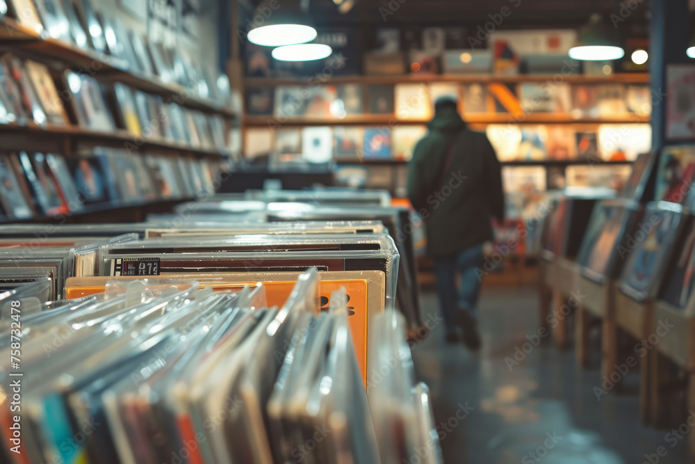 Vinyl Record Store Browse with Customer in Background
