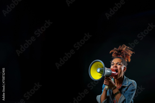 femme à la peau noire, type afro, antillaise, ou des caraïbes, avec un mégaphone, porte-voix, haut-parleur pour manifester sa colère, qui crie. Fond noir avec espace négatif pour texte copyspace photo
