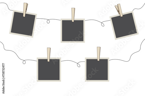 Realistic retro Frame on clothesline with clothespins. Photo mockup for scrapbook in trendy grunge vintage style isolated white. Vector illustration can used web social media design. EPS 10