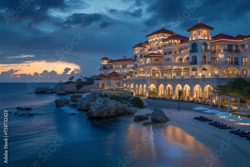 An opulent luxury hotel perched majestically on a pristine coastline
