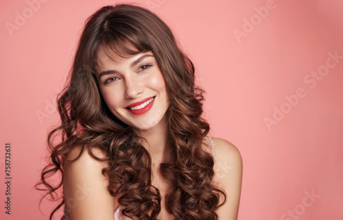 A woman with long hair and red lipstick is smiling. She is wearing a white tank top and is posing over coral background