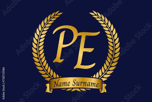 Initial letter P and E, PE monogram logo design with laurel wreath. Luxury golden calligraphy font.