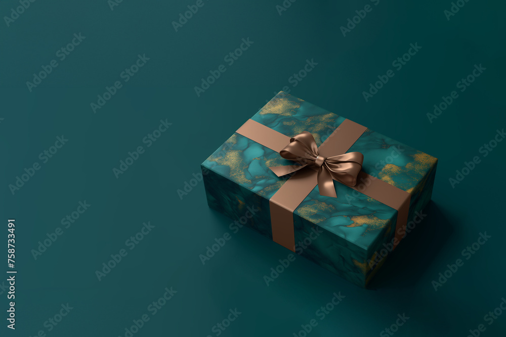 paquet cadeau bleu canard (teal) et doré avec un ruban couleur or, avec un nœud, sur un fond bleu canard (teal). Noël, fin d'année, fête, célébration, anniversaire, fête des pères, des grands-pères, paquet cadeau bleu canard (teal) et doré avec un ruban couleur or, avec un nœud, sur un fond bleu canard (teal). Noël, fin d'année, fête, célébration, anniversaire, fête des pères, des grands-pères,