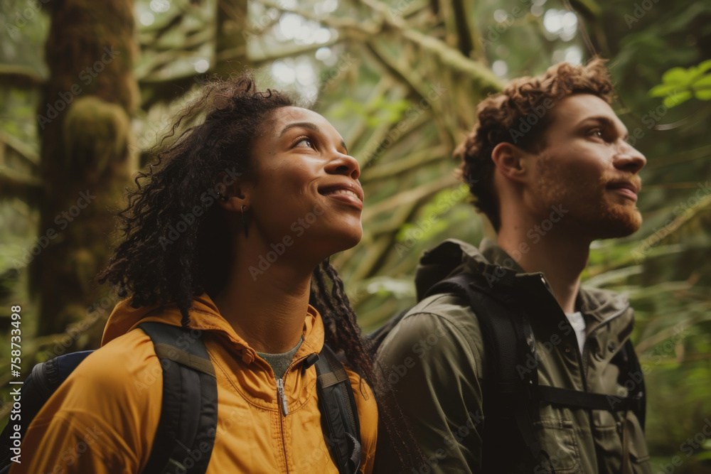 Fototapeta premium Exploring Nature: Young Multiethnic Couple on a Forest Adventure