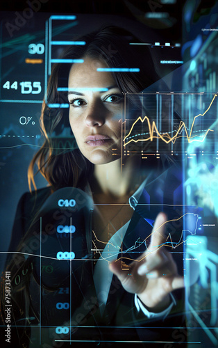 Transparent virtual screen with financial charts and a businesswoman behind that indicates a point