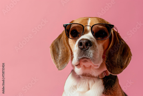 dog wearing sunglasses and a pink background. dog is wearing glasses and looking at the camera. Creative animal concept. Beagle dog puppy isolated on solid pastel background, commercial, editorial adv © Nataliia_Trushchenko