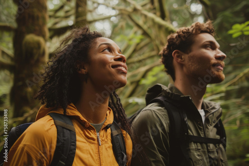 Exploring Nature: Young Multiethnic Couple on a Forest Adventure