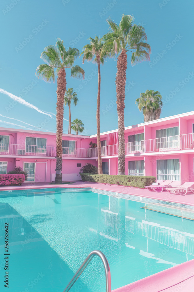 Pastel Pink Hotel with Swimming Pool and Palm Trees Under Blue Sky