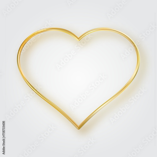 Thin gold heart frame. Golden realistic heart border. Luxury symbol of love.