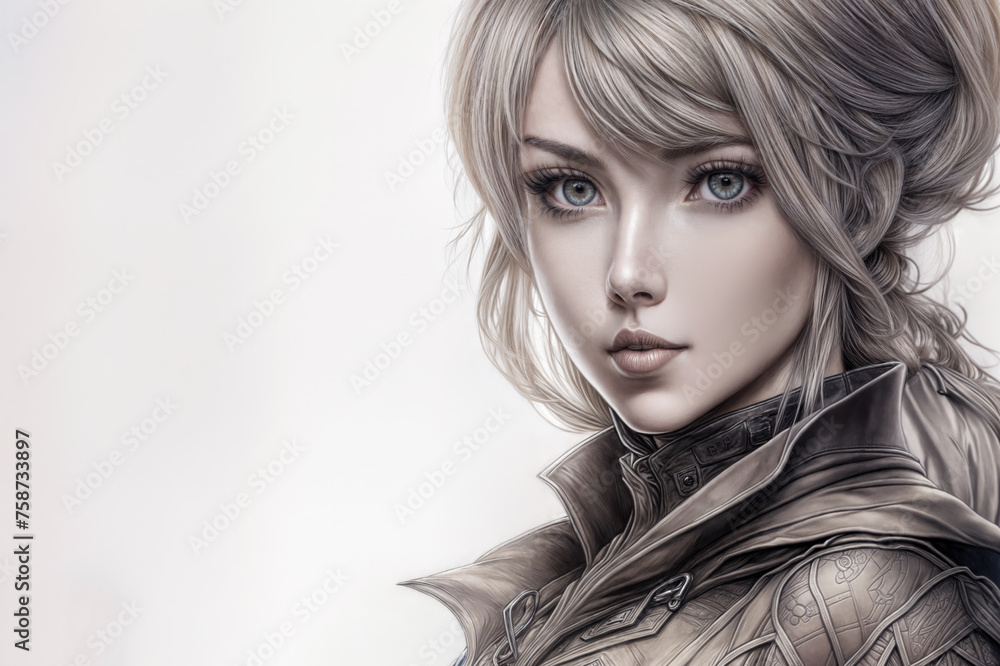 Confident Young Female Warrior with Blue Eyes and Blond Hair in Fantasy Armor Portrait Confident Young Female Warrior with Blue Eyes and Blond Hair in Fantasy Armor Portrait