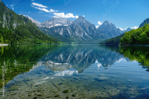 A stunning view of the Alps mountain range with clear blue skies, lush greenery and crystal clear waters reflecting the majestic peaks