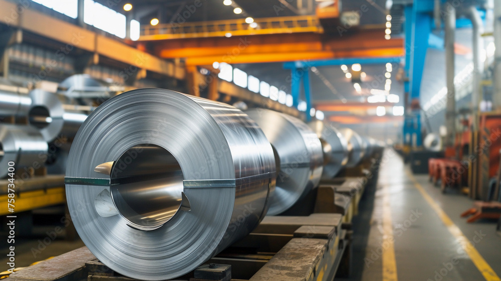 Naklejka premium Coiled Steel Rolls in Industrial Warehouse