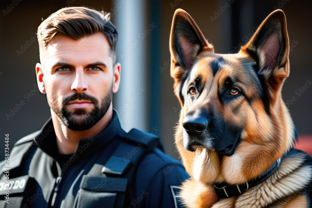 Obraz premium A male dog handler with a dog. Professional holiday Day of Dog Training Units concept.