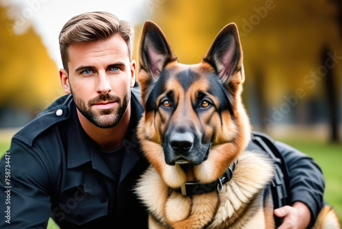 A male dog handler with a dog. Professional holiday Day of Dog Training Units concept.
