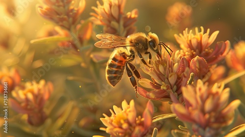 A bee gathering nectar on a blooming flower in a lush garden