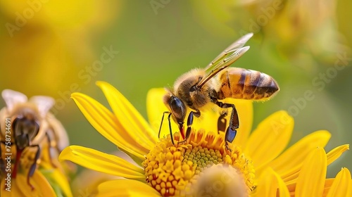 A bee gathering nectar on a blooming flower in a lush garden