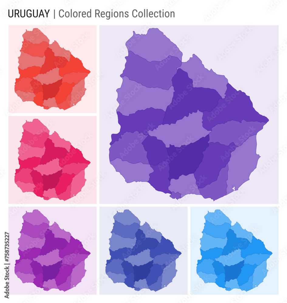 Uruguay map collection. Country shape with colored regions. Deep Purple, Red, Pink, Purple, Indigo, Blue color palettes. Border of Uruguay with provinces for your infographic. Vector illustration. Uruguay map collection. Country shape with colored regions. Deep Purple, Red, Pink, Purple, Indigo, Blue color palettes. Border of Uruguay with provinces for your infographic. Vector illustration.