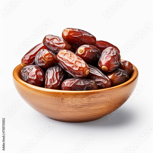 Date fruit in bowl on wooden background, top view