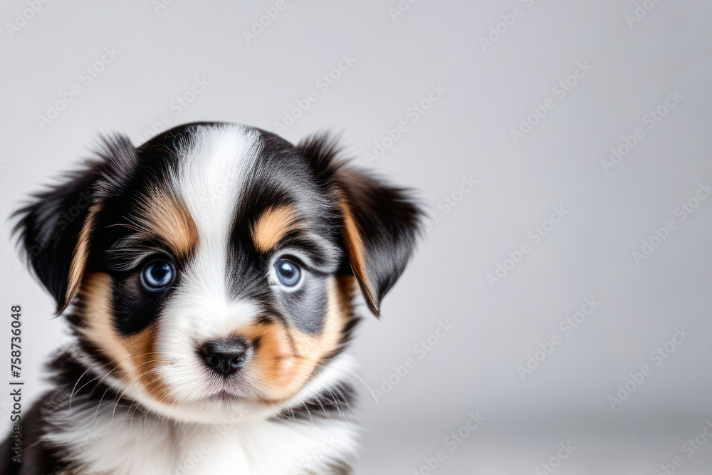 cute little puppy on a white background, space for text. Pet food and dog day advertising concept.