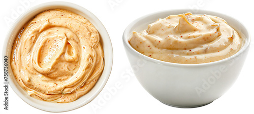 white bowl with chipotle aioli made with mayonnaise, chipotle peppers in adobo sauce, garlic, and lime juice, isolated on a white background, side and top view photo